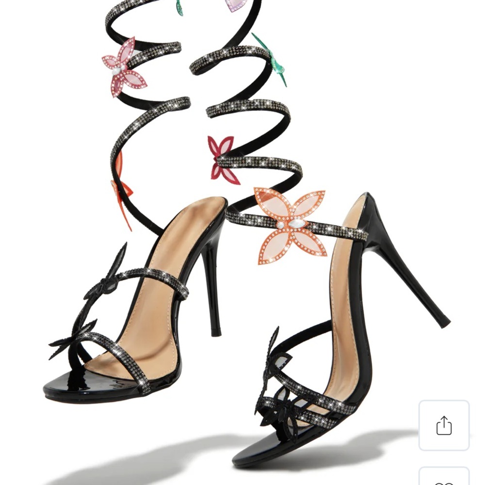 Elegant Black Strappy Heels with Floral Accents